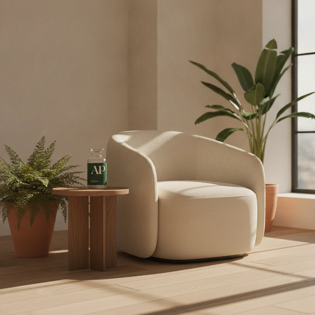 A clean workspace with a notepad, a green plant, and a glass of water on a light wooden desk