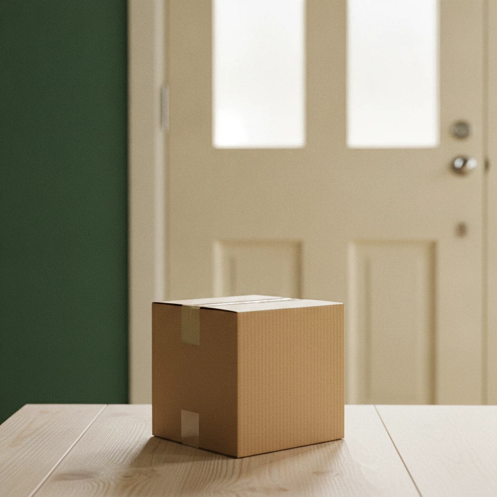 A neat plain kraft parcel box placed on a table near a bright front door
