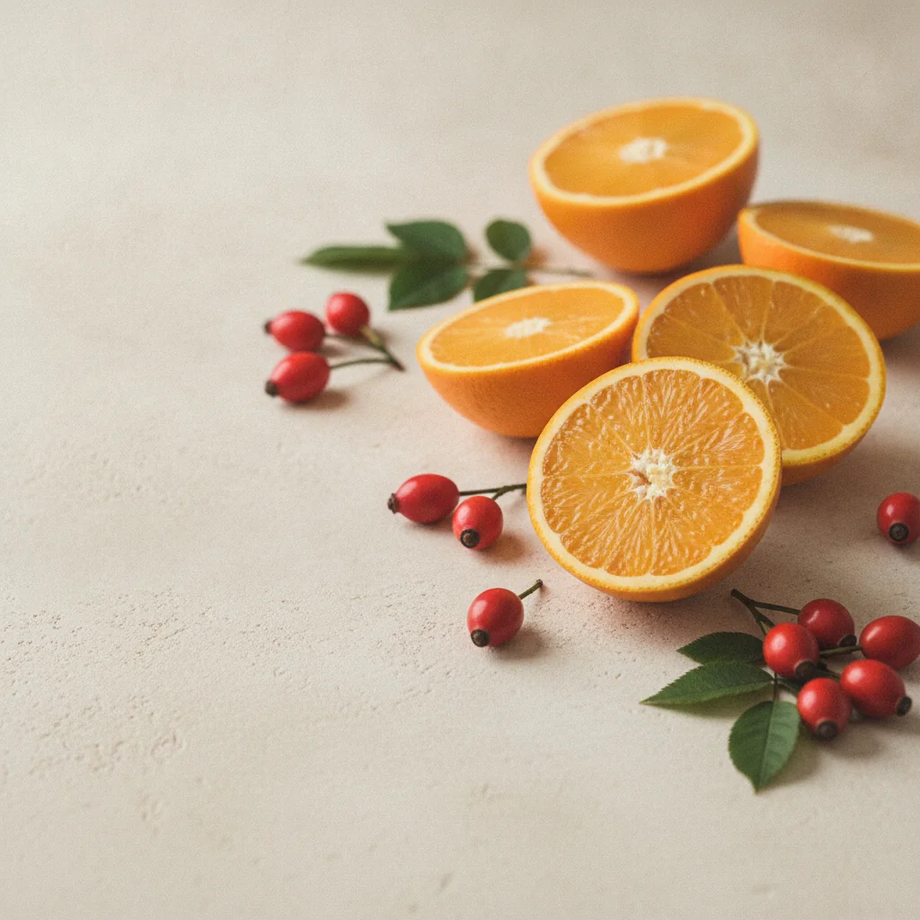 Fresh oranges and rosehip berries on a pale stone surface, bright natural light