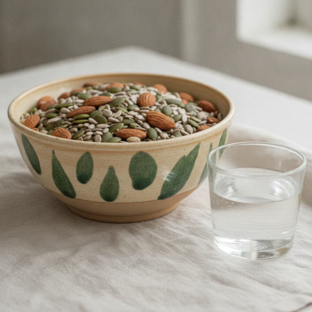 A ceramic bowl of mixed almonds, pumpkin seeds, and sunflower seeds on a linen cloth