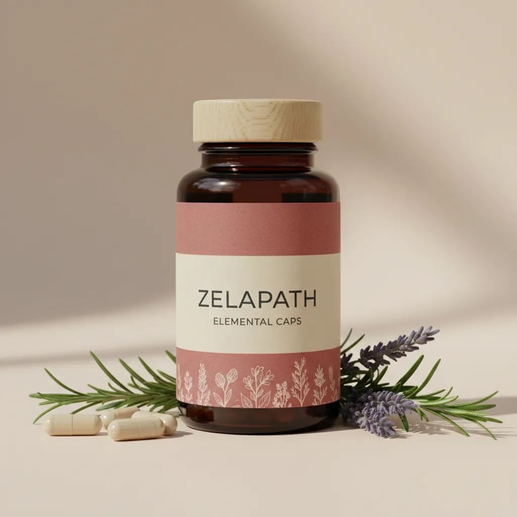 ZelaPath Elemental Caps white pharmacy bottle with label on a clean surface