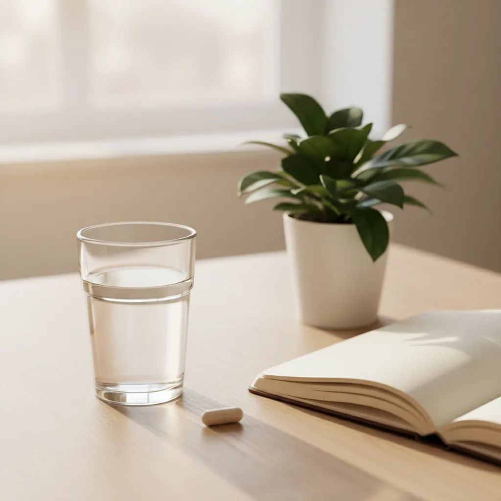 A glass of water and a small capsule on a light wooden breakfast table next to a notebook
